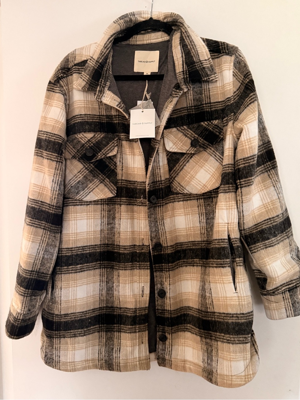 Thread & Supply Plaid Utility Shacket Jacket in Beige & Black